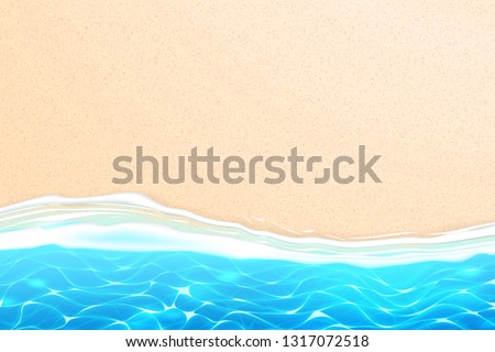 Seaside beach with azure waves on sand coast. Seashore summer holiday background for travelling and vacation design. Coastal landscape for resort tourism, sea party backdrop. Realistic vector seascape