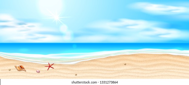 Seaside beach with azure waves, starfish, shell on sand coast and cloud blue sky. Seashore summer holiday background for travelling vacation. Ocean landscape for summer party Realistic vector seascape
