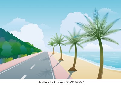 Seaside Beach Road with Palm Trees Background, Natural Scenery and Environment View