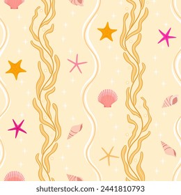 seaside beach seashore seamless pattern. conch, sea star, pearl, shell, kelp, sand background. good for fabric, fashion design, wallpaper, wrapping paper, textile, pajama.