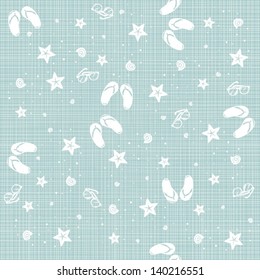 seaside beach shells starfishes flip flops sunglasses delicate summer holiday monochrome seamless pattern on blue background