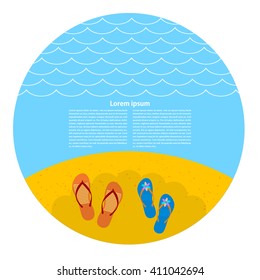 Seaside. Beach shoes on the beach. Vector sunny beach with shoes. Illustration of beach Flip-flops on the sand, waves and shadow of an umbrella. Summer travel concept. Design element. Stock vector