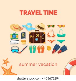 Seaside beach and tourist things. Vacation travel background. Easy to edit design template.