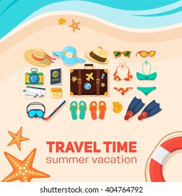 Seaside beach and tourist things. Vacation travel background. Easy to edit design template.