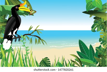 Seaside beach with tropical plants. Jungle animals and birds  floral frame on seaside landscape. Vector .
