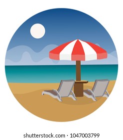 
Seaside with beach umbrella and tanning bed

