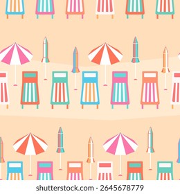 Seaside beach vacation vector seamless pattern. Colorful striped parasols, sun loungers in a row on beige sand background. Fun playful coastal holidays repeat design. Summer sunny island resort tile