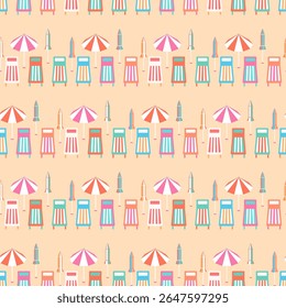 Seaside beach vacation vector seamless pattern. Colorful striped parasols, sun loungers in a row on beige sand background. Fun playful coastal holidays repeat design. Summer sunny island resort tile