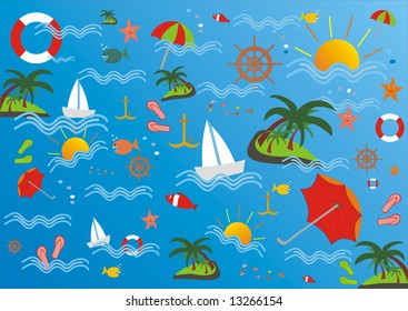 Seaside blue background with suns, waves, stars, fishes and islands