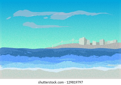 Seaside and blue sky with white clouds, sand