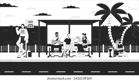 Seaside bus stop crowded black and white cartoon flat illustration. Commuter public transportation. People waiting for bus 2D linear background. Lo fi vibes monochrome scene vector outline image