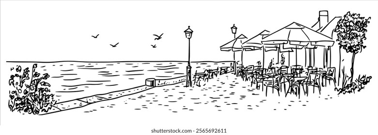 seaside cafe terrace with chairs and umbrellas illustration