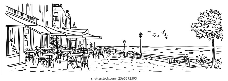 seaside cafe terrace with tables and street lamps illustratio