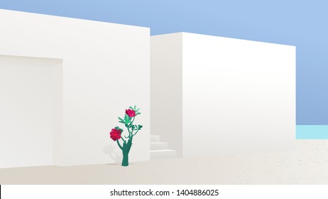 Seaside Capri style buildings / walls and tropical Adenium flowers, clean and quite illustration, peaceful nostalgic feeling