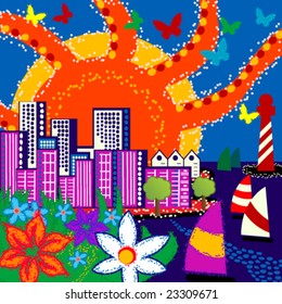 A seaside cityscape vector, editable, with clipping mask