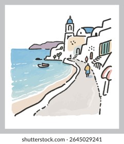 seaside, coast, beach, ocean, blue, white, greek, building, summer, travel, island, europe, path, umbrella, simple, sketch, pastel, scenic, art, lineart, decor, poster, print, wallart, postcard, gift