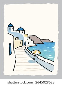 seaside, coast, beach, ocean, blue, white, greek, building, summer, travel, island, europe, path, umbrella, simple, sketch, pastel, scenic, art, lineart, decor, poster, print, wallart, postcard, gift