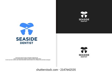 seaside dentist logo, combination of tooth and lighthouse in a minimalist style. dental logo