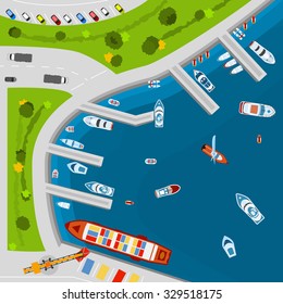 Seaside dockyard harbor terminal area with cargo vessels top view from above poster flat abstract vector illustration