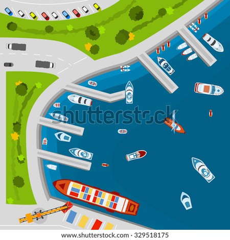 Seaside dockyard harbor terminal area with cargo vessels top view from above poster flat abstract vector illustration