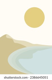 Seaside and dunes landscape illustration printed poster. Minimalistic vector cartoon lake and mountains