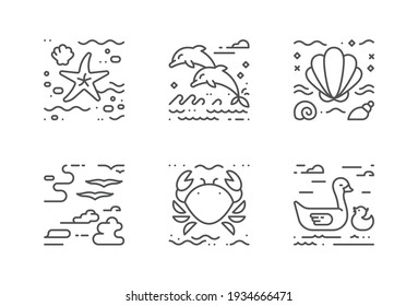 Seaside Fauna Vector Icons Set. The Icons Are Pixel Perfect, With Editable Stroke, Carefully Crafted With High Attention To The Detail. Outlined Version Layer Included