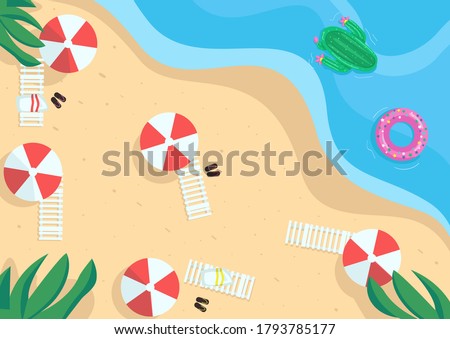 Seaside flat color vector illustration. Seaside resort. Beach vacations. Holiday by the sea. Summertime. Summer beach with parasols and beds 2D cartoon landscape with nature on background