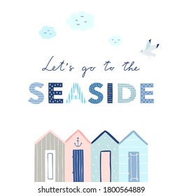 Seaside greeting card. Vector nautical illustration. Beach houses, seagull and lettering