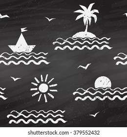 Seaside grunge black and white chalk drawn seamless pattern on blackboard background.