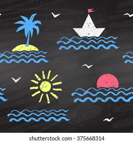 Seaside grunge color chalk drawn seamless pattern on black chalkboard background.