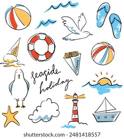 Seaside holiday, colourful vacation illustrations 