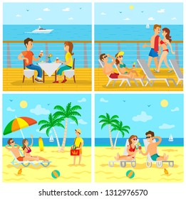 Seaside holidays and vacation vector, people having fun by beach eating in restaurant. Relaxing by sea, sunbathing and drinking alcoholic beverages