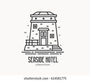 Seaside hotel logo or label template in linear style. Sea observation tower logotype in thin line design. Old stone lighthouse outline icon.