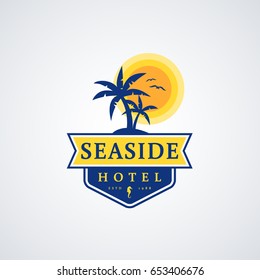 Seaside Hotel Logo With Palm Trees And Sun. Blue And Yellow Emblem. Vector Template.