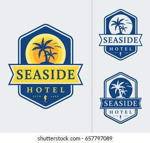 Seaside hotel logo with palm trees and sun. Templates for color and monochrome versions. Vector emblems isolated on white background.