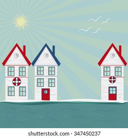 Seaside house, tiny white house, sea and vast sky with seagulls. Sunshine