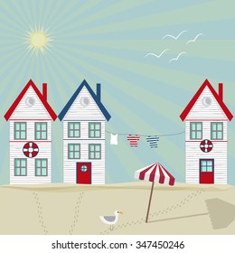 Seaside house, tiny white house, and vast sky with seagulls. Footsteps in the sand, sunshine