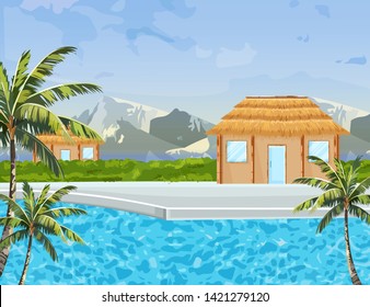 Seaside houses Vector summer background. Tropic paradise blue water and mountain view