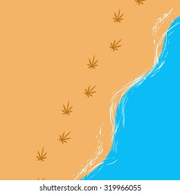 Seaside with human steps looking like Marijuana leaves in abstract style