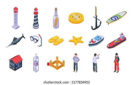 Seaside icons set isometric vector. Summer beach. Sea resort