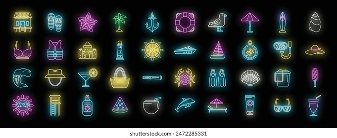 Seaside icons set outline vector. Summer sea. Resort island neon color on black