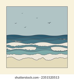 Seaside landscape with flying birds poster illustration