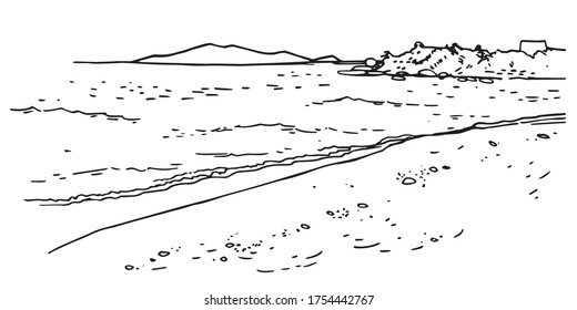 Seaside landscape. Hand drawn vector sketch ink illustration. Black on white background