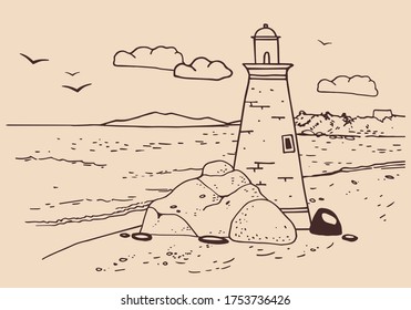 Seaside landscape with lighthouse. Hand drawn vector sketch outline illustration