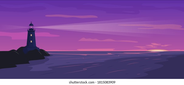 Seaside landscape with lighthouse on the rock at sunset or sun rise.  Faros on seashore. Hope symbol, expectation, solitude or goal concept. Navigational and travel concept. Vector flat illustration