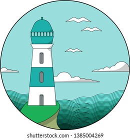 Seaside landscape with lighthouse and seagulls