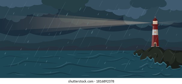 Seaside landscape with lighthouse in stormy night.  Faros on seashore. Navigational concept.  Hope symbol, expectation, solitude or goal concept. Vector flat illustration