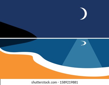 Seaside landscape at night. Moonlight reflection on the sea. Flat vector illustration. Simple design. Geometrical concept.
