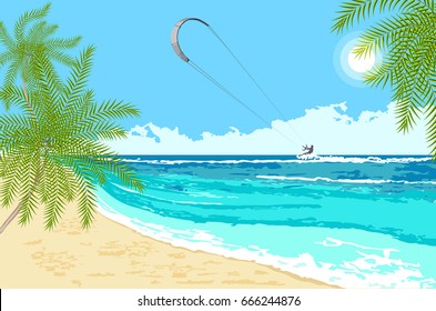 Seaside landscape with palms and sea kite. Kitesurfing summer water sport on tropical sea background.  