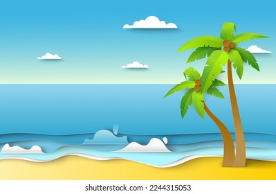 Seaside landscape in paper cut style. Vector sea beach with palms. Concept of tropical resort, summer recreation and tourism, holidays and vacation